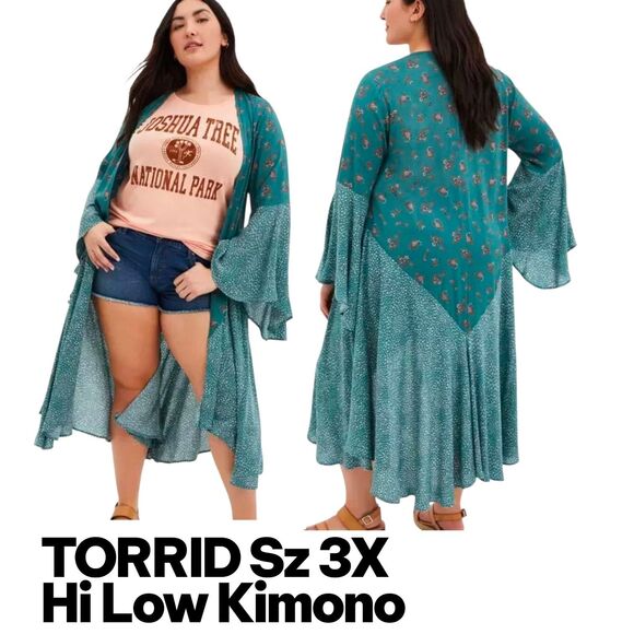 TORRID Sz 3X Hi Low Open Front Boho Floral Bell Sleeves Chiffon Maxi Boho Duster - Picture 1 of 10
